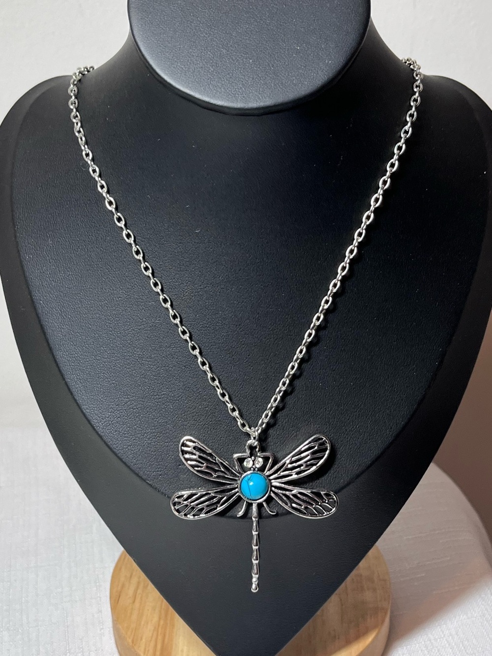Vintage Silver Dragonfly Pendant Necklace with Blue Stone
Long chain